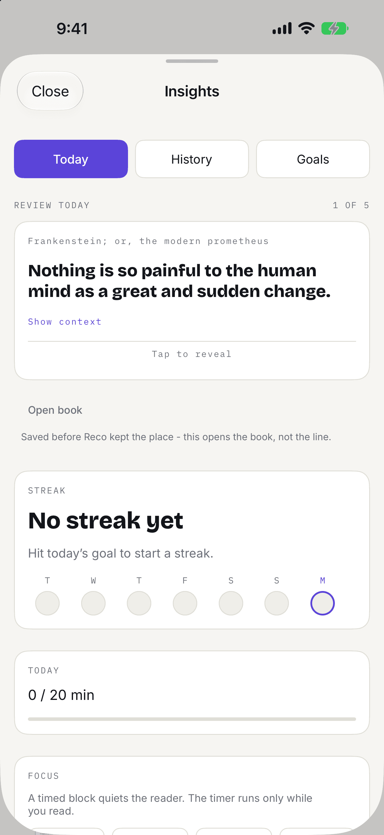 Reco's Insights screen, showing the reading streak and the marks due for review.